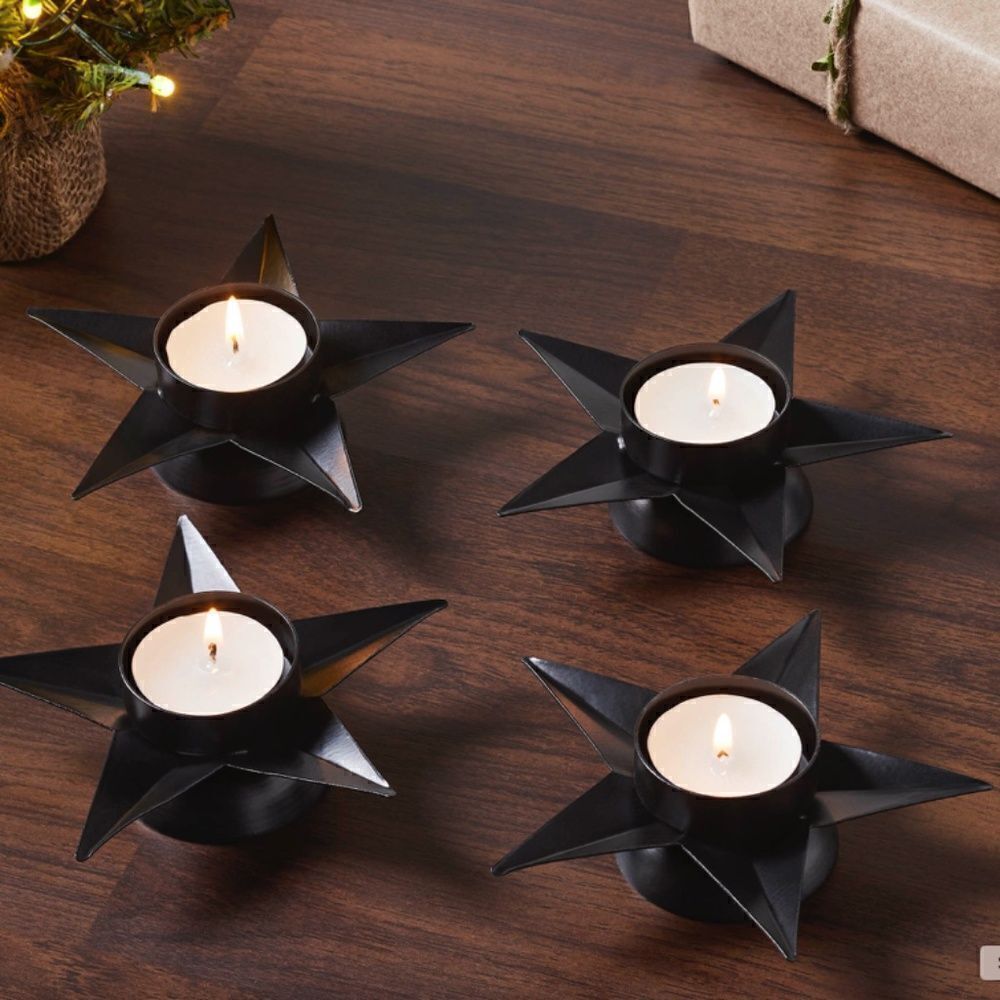 Christmas Star Metal Black Tealight Candle Holders Set of Four Farmhouse Holiday